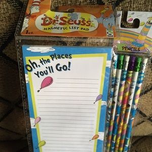 Dr Seuss set: notepad, pencils, bookmarks.